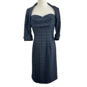 Mary Bays Vintage Shawl Bustier Dress 3/4 Sleeve Plaid Side Zip Dark Blue Size 6